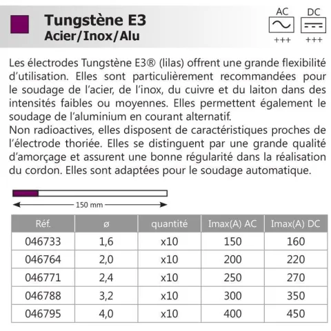 5 électrodes 150 mm, tungstène E3, Ø 4.0 mm - Lila - Binzel -