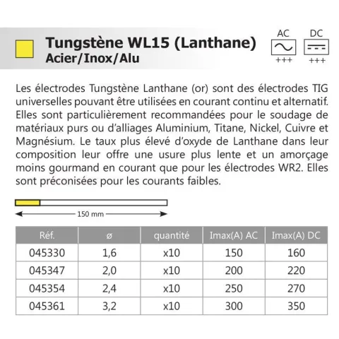 10 électrodes 150 mm, tungstène lanthane, Ø 1.6 mm - Or