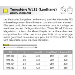 10 électrodes 150 mm, tungstène lanthane, Ø 3.2 mm - Or