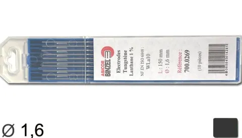 10 électrodes 150 mm, tungstène lanthane 1% , Ø 1.6 mm - Noir - Binzel -