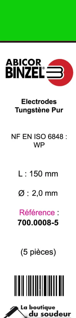 5 électrodes 150 mm, tungstène pur, Ø 2 mm - Vert - BINZEL
