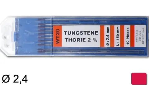 10 électrodes 150 mm, tungstène thorié, Ø 2,4 mm - Rouge