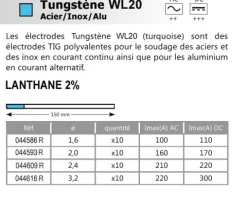 10 électrodes 150 mm, tungstène WL20, Ø 1,6 mm - Bleu