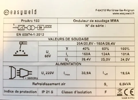 Poste à souder PROARC 160 - EASYWELD - DESTOCKAGE